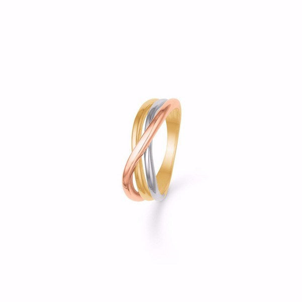 Guld & Sølv Design tricolor ring i 8 karat rødguld, hvidguld og rosaguld – flettet design.