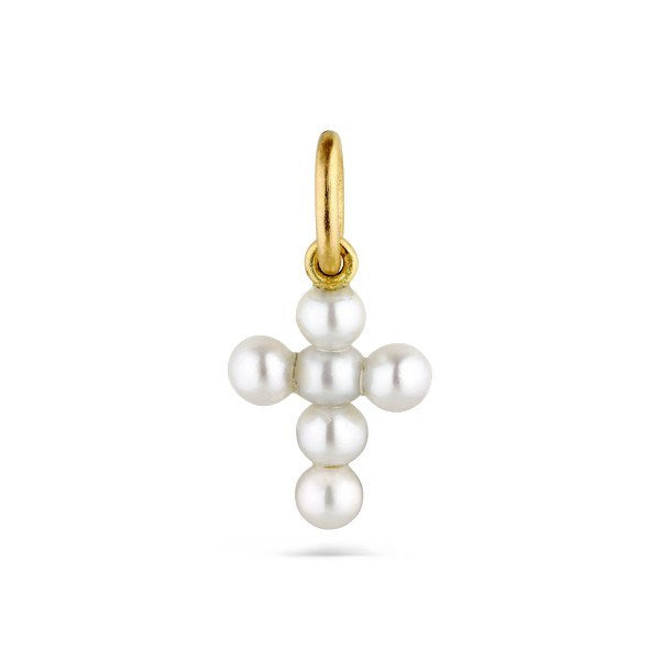 Lille korsvedhæng i 18 karat guld med perler fra Jane Kønig