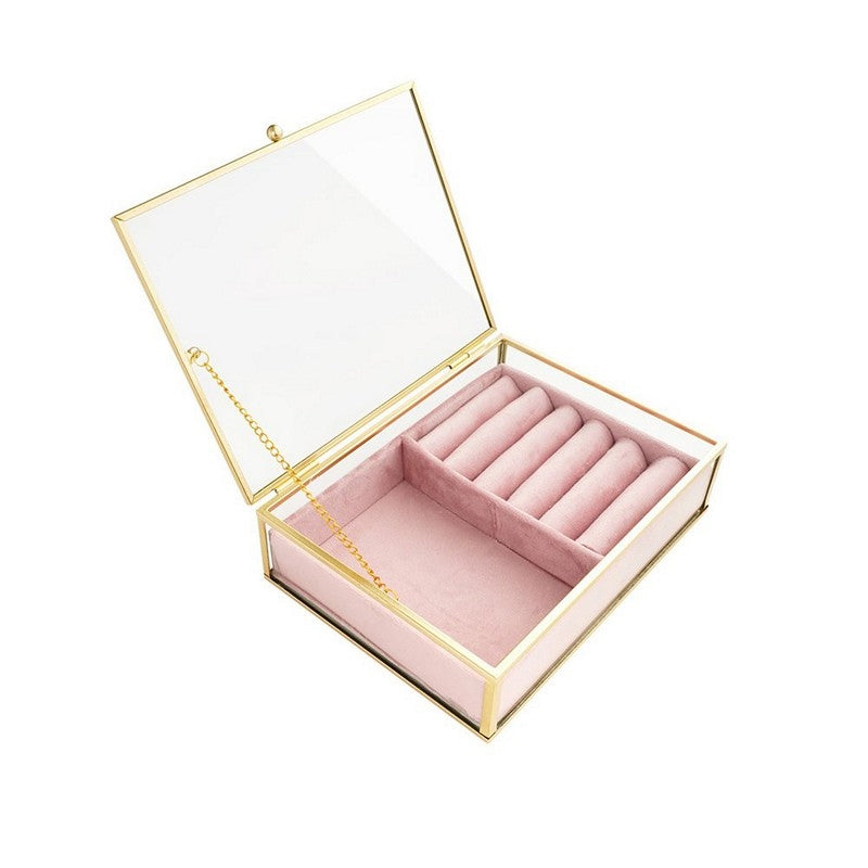 Smykkecenter smykkeskrin i glas med rosa velour og forgyldt messingramme – mellem størrelse.