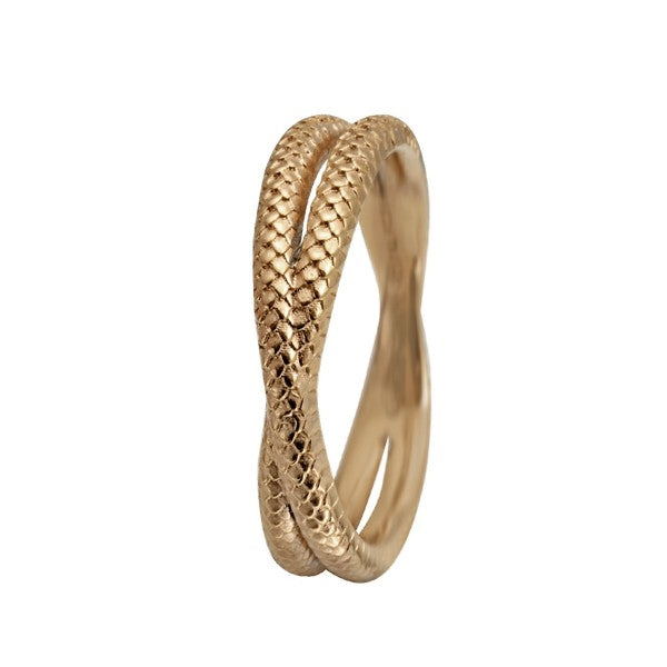 Christina Collect twin snake ring fra Christina Jewelry & Watches i forgyldt sølv med to buede ringskinner i X-form og ternet gravering.