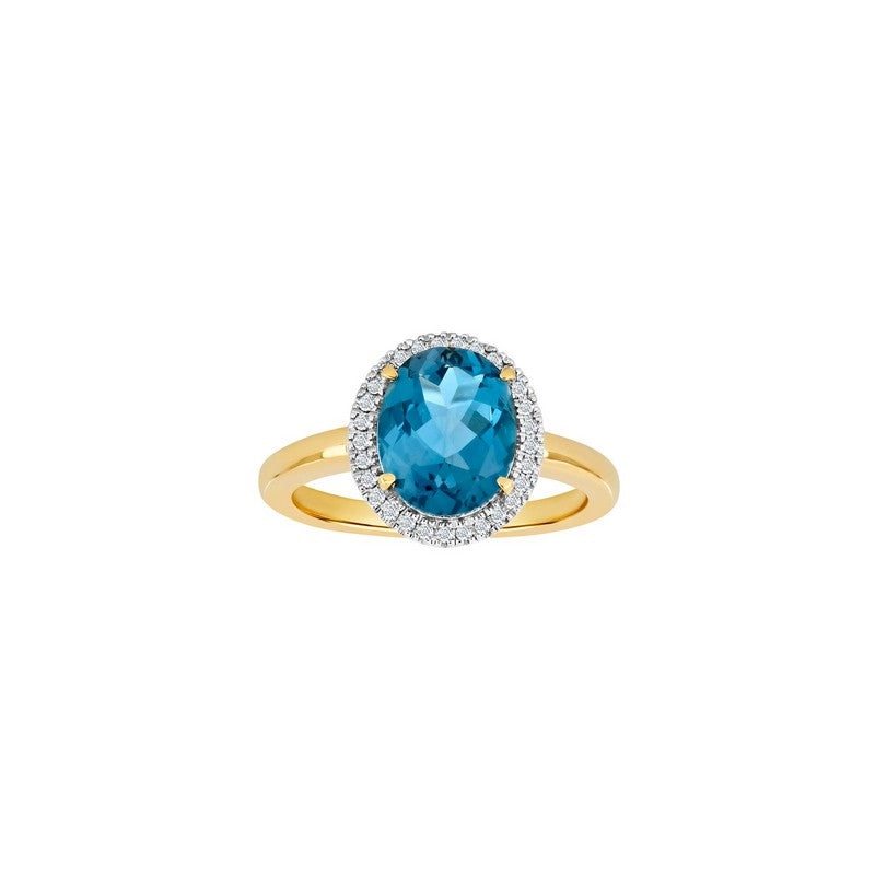 Siersbøl rosetring i 14 karat guld med London blå topas og 0,12 ct diamanter.