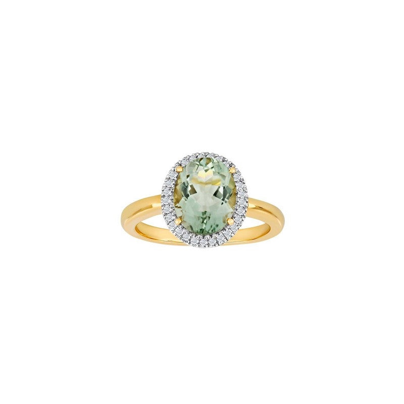 Siersbøl ring i 14 karat guld med oval grøn ametyst omgivet af 0,12 ct diamanter.