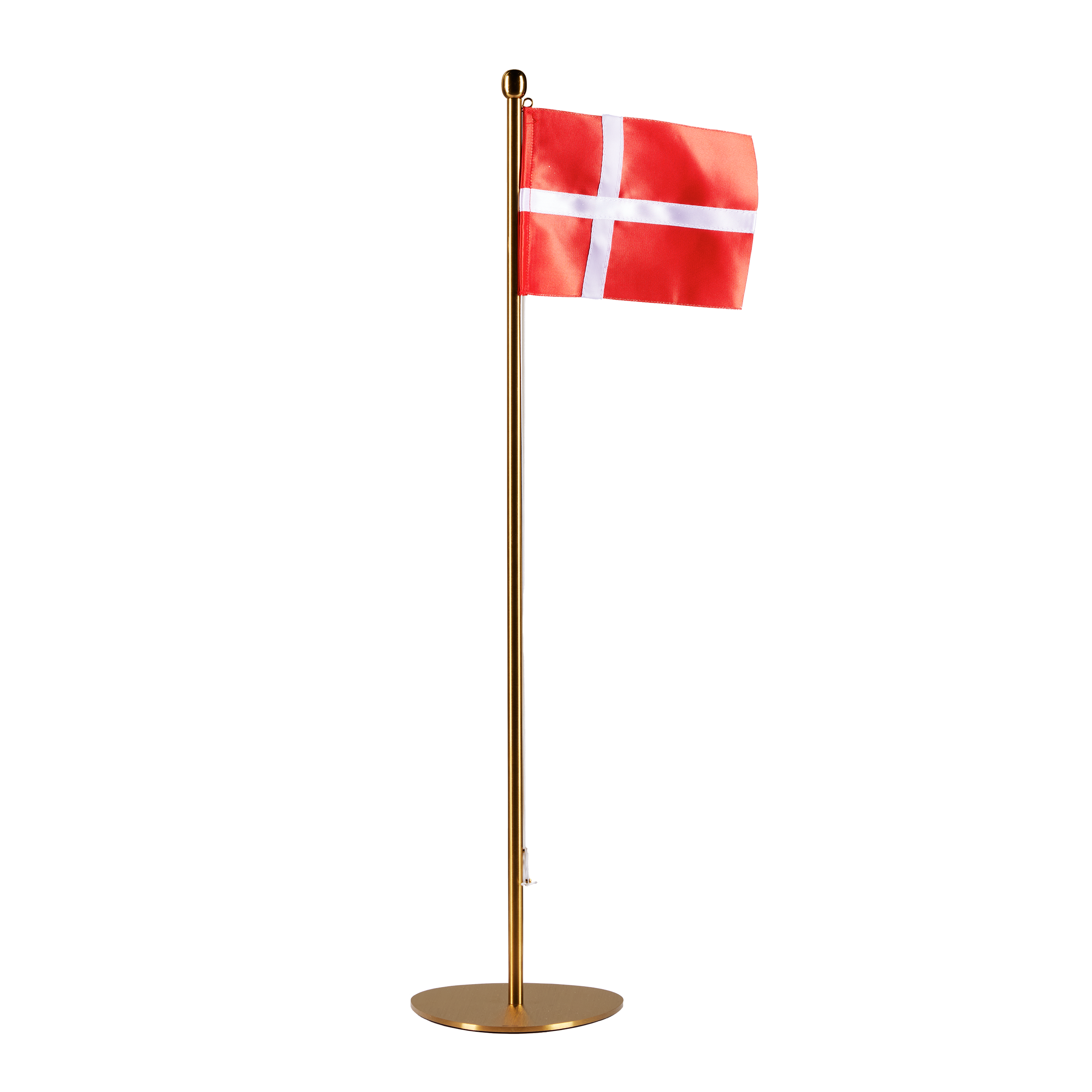 Piet Hein bordflag i messing med Dannebrog 50 cm – bordflag med messingfod, rustfri stålflagstang og syet stofflag.