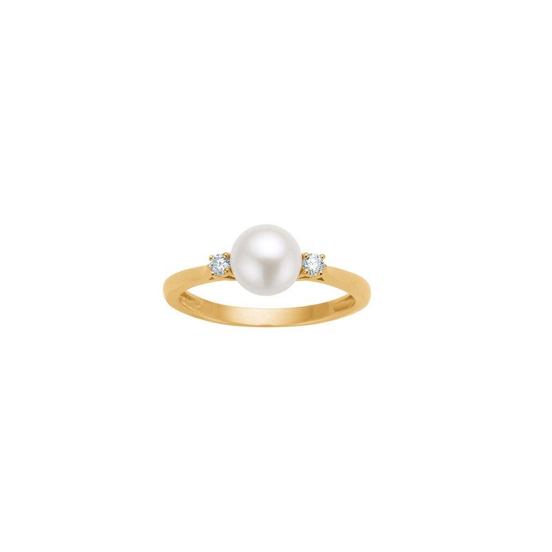Siersbøl guldring i 14 karat med hvid perle og 0,078 ct diamanter W/SI.