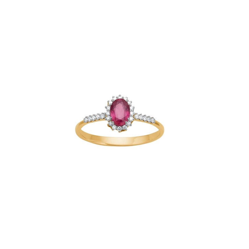 Siersbøl guldring i 14 karat med oval rubin og diamanter i rosetdesign.