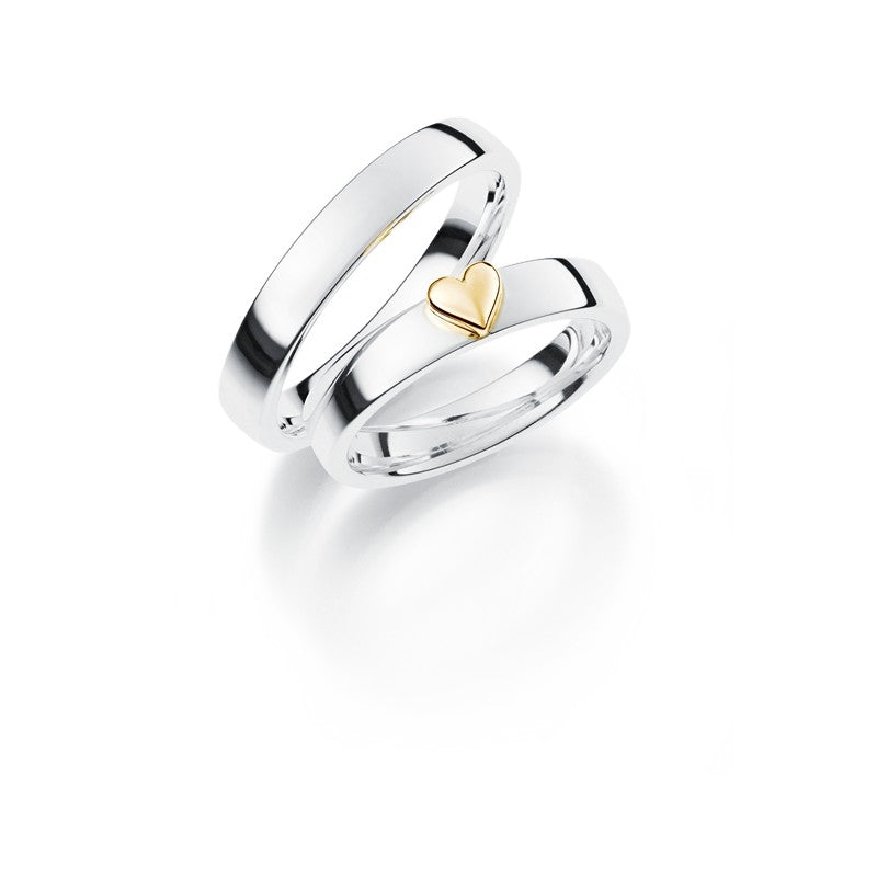 Romantiske Aagaard vielsesringe i sølv med hjerte i 14 kt guld