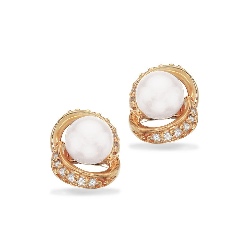 Scrouples ørestikker i 8 kt guld med hvide perler og klare zirkonia, 10 mm.