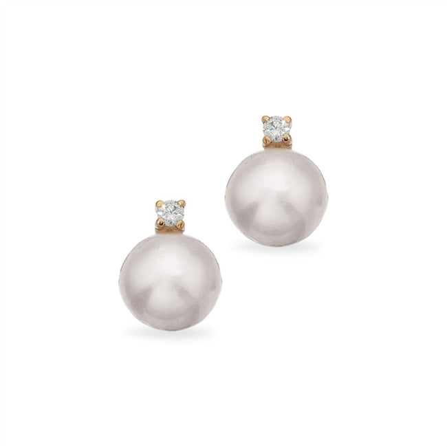 Scrouples øreringe i 8 kt guld med rund ferskvandsperle og klar kubisk zirkonia.