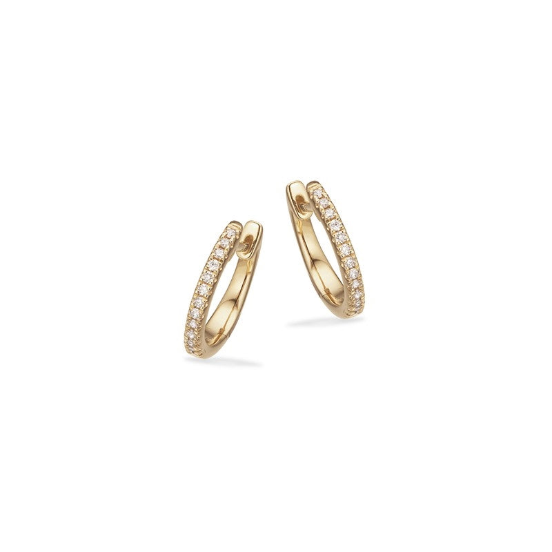 Dazzling creoler i 14 karat guld med 0,10 ct diamanter fra Scrouples – elegante, slanke øreringe med click-lås.