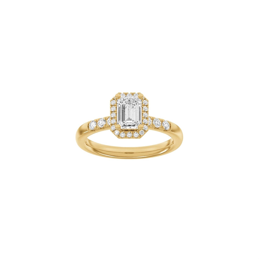 Luxury halo firkantet ring i 14 karat guld med lab-grown diamant 1,32 ct fra Siersbøl – elegant ring med firkantet TW farvet diamant og halo af mindre diamanter.