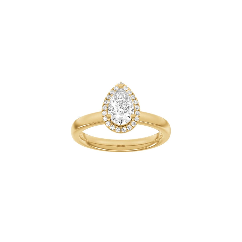 Siersbøl luxury halo ring i 14 karat guld med dråbeformet lab-grown diamant og halo af mindre diamanter.