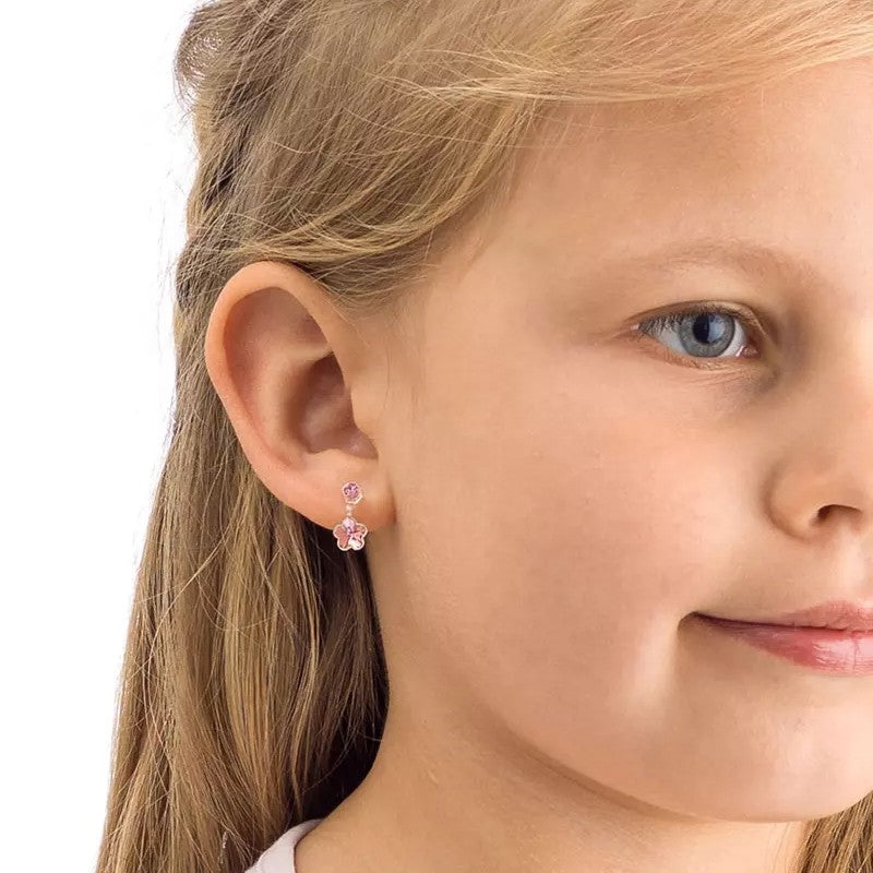 Blomdahl hængeøreringe i medicinsk plast med pink krystalvedhæng 4/6 mm