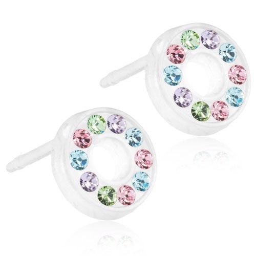 Blomdahl Brilliance Puck Hollow øreringe i medicinsk plastik med flerfarvet zirkonia, 8 mm.