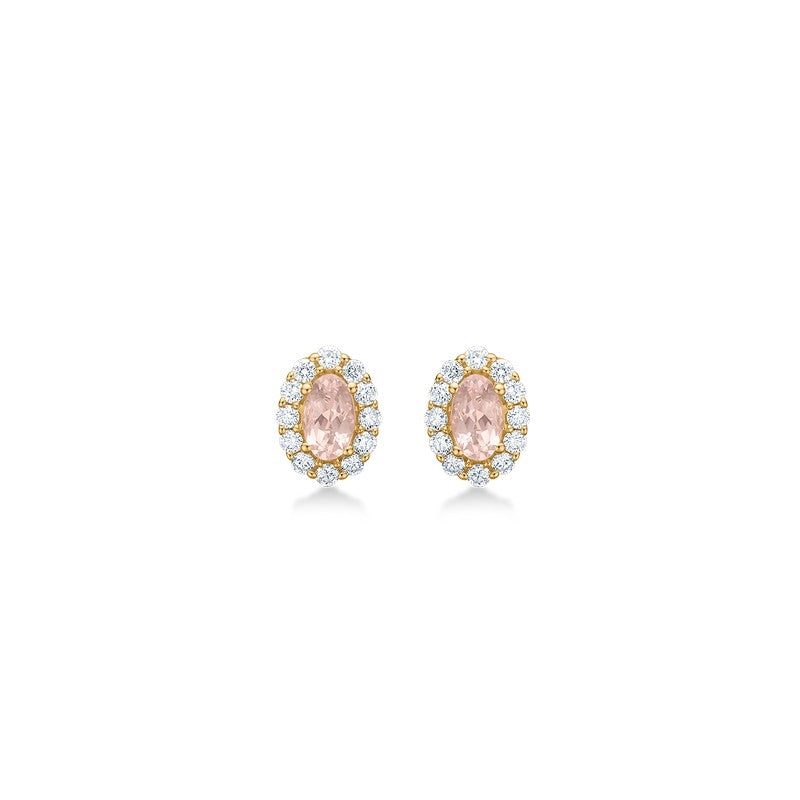 Pastello elegante øreringe fra Mads Z i 14 karat guld med rosa morganit omgivet af 0,25 ct diamanter.