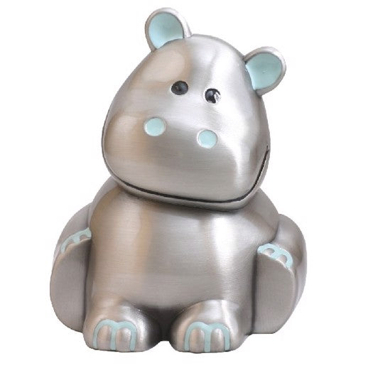 Flodhest sparebøsse med blå detaljer fra Nordahl Andersen, fortinnet, 12,5 cm