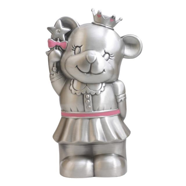 Prinsesse-bamse sparebøsse med lyserød emalje fra Nordahl Andersen, fortinnet, 16 cm