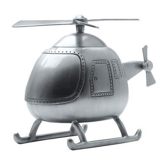 Sparebøsse i form af helikopter fra Nordahl Andersen i fortinnet metal, 13 cm høj.