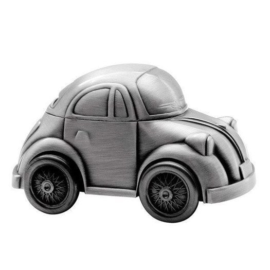 NOA Kids bil sparebøsse fra Nordahl Andersen i fortinnet metal – sparegris formet som folkevognsbil.