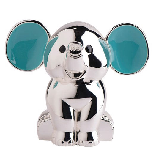 NOA Kids elefant sparebøsse med blå ører i forkromet stål fra Nordahl Andersen.