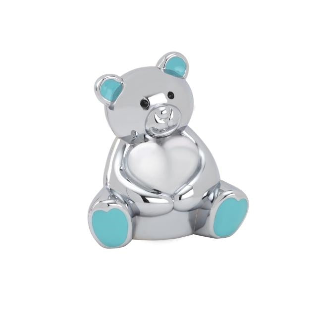 Sparebøsse bamse fra Nordahl Andersen i forkromet metal med lyseblå ører og poter.