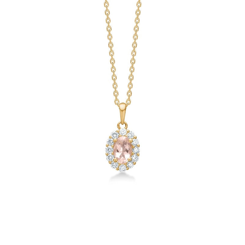 Mads Z Pastello elegante halskæde i 14 karat guld med oval morganit og 0,025 ct diamanter i rosetvedhæng.