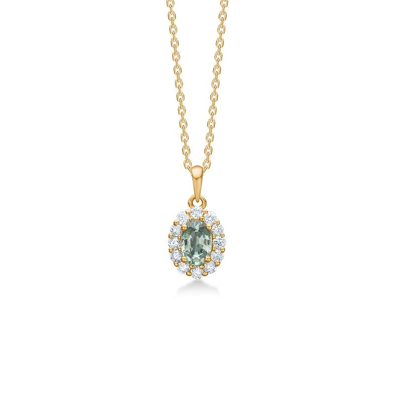 Mads Z Gold Label halskæde i 14 karat guld med oval grøn safir omgivet af diamanter på 0,025 ct.