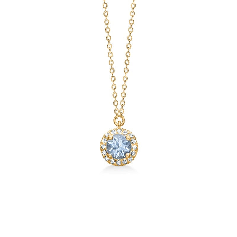 Blush n' Blue halskæde fra Mads Z i 14 karat guld med rund blå aquamarin og diamanter i rosetdesign.