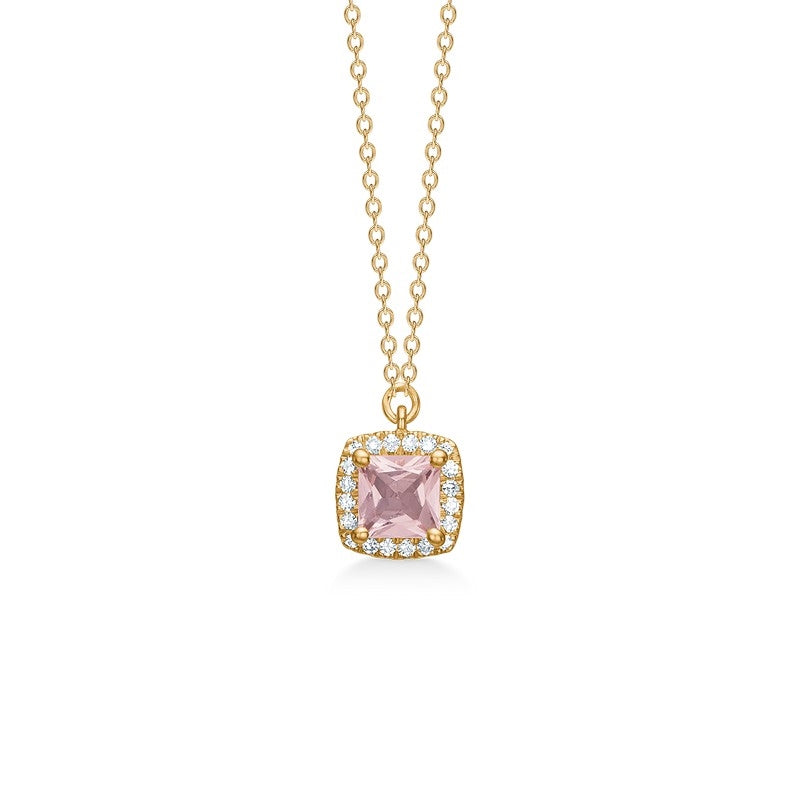 Blush n' Blue halskæde fra Mads Z i 14 karat guld med firkantet rosa morganit omgivet af 0,045 ct diamanter.