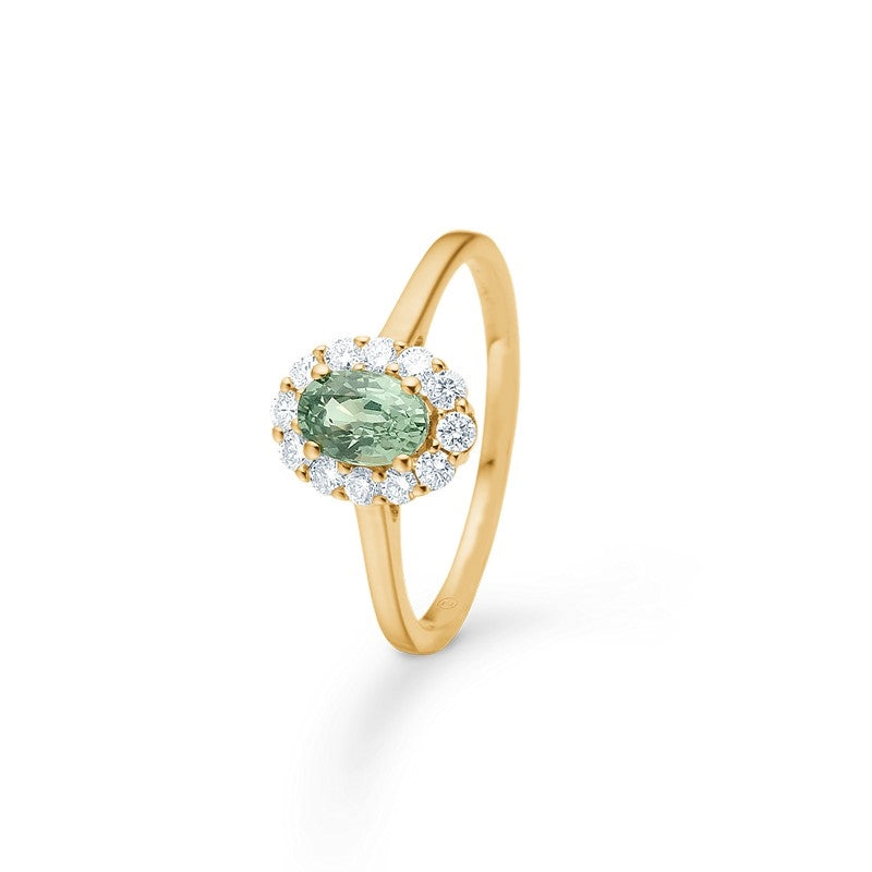 Pastello elegante ring i 14 karat guld med grøn safir og 0,25 ct diamanter fra Mads Z