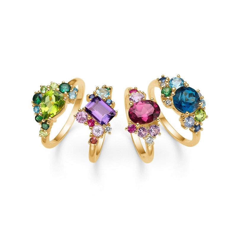 Four Seasons Spring ring i 14 kt guld med grønne og blå ædelstene fra Mads Z