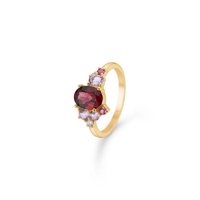 Four Seasons Autumn ring i 14 kt guld med granat, pink ametyst, pink safir, rubin og 0,055 ct diamanter fra Mads Z Gold Label.