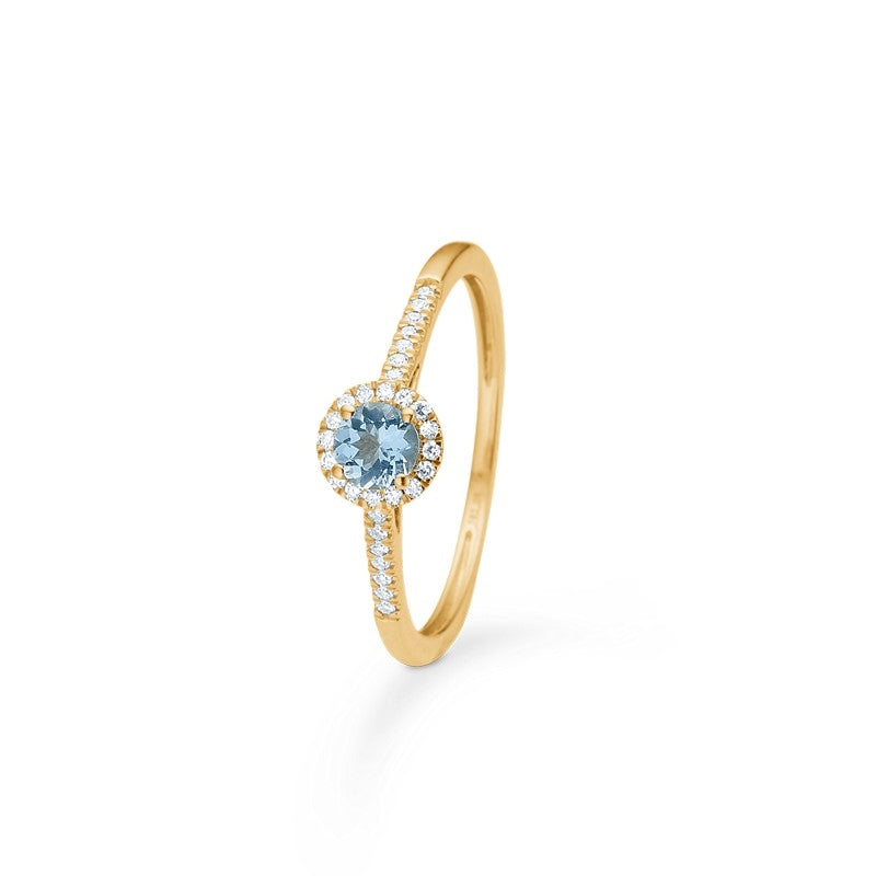 Mads Z blush n' blue ring i 14 karat guld med rund aquamarin og 0,08 ct diamanter fra Gold Label kollektionen.