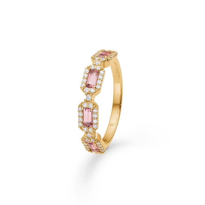 Indigo ring fra Mads Z i 14 kt guld med pink turmalin og diamanter fra Gold Label-kollektionen.