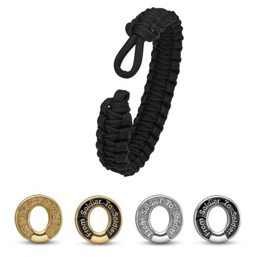 From Soldier To Soldier armbånd i sort faldskærmsline med forgyldt sølvlås og sort emalje