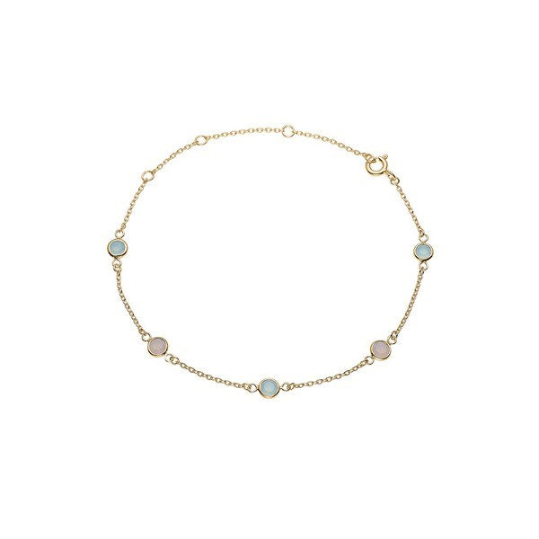 Aagaard armbånd i 8 kt guld med pink og blå agater – slankt og farverigt design.