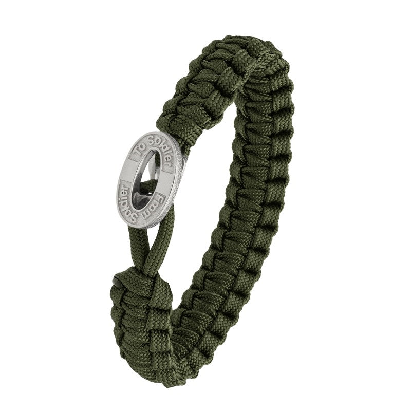 From Soldier To Soldier armbånd i armygrøn faldskærmsline med oval sølvlås 19–23 cm