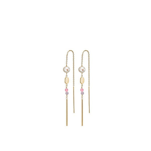 Aagaard ørekæder i forgyldt sølv med pink og lilla sten samt hvide perler