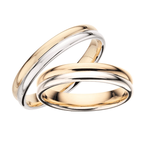 Moderne Scrouples vielsesringe i 8 eller 14 kt tofarvet guld med glat overflade, 4 mm.