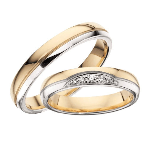 Moderne Scrouples vielsesringe i 8 eller 14 kt guld, 4 mm med 0,05 ct diamanter – blanke guldringe med hvidguldsdetaljer.