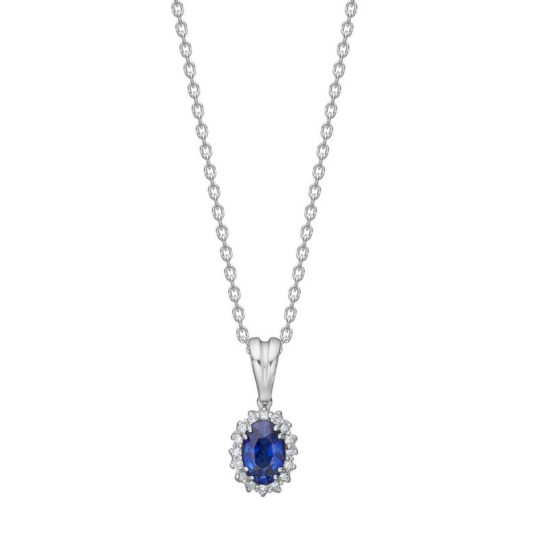Siersbøl hvidguldsvedhæng i 14 karat med oval safir og 0,064 ct diamanter W/SI – klassisk rosetvedhæng.