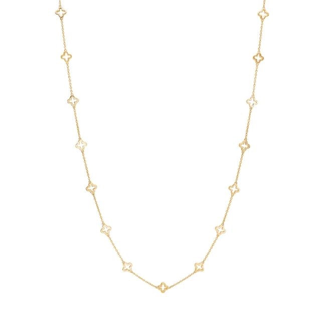 Harmony halskæde fra Nordahl Andersen i forgyldt sølv med små kløvervedhæng, 45+5 cm.