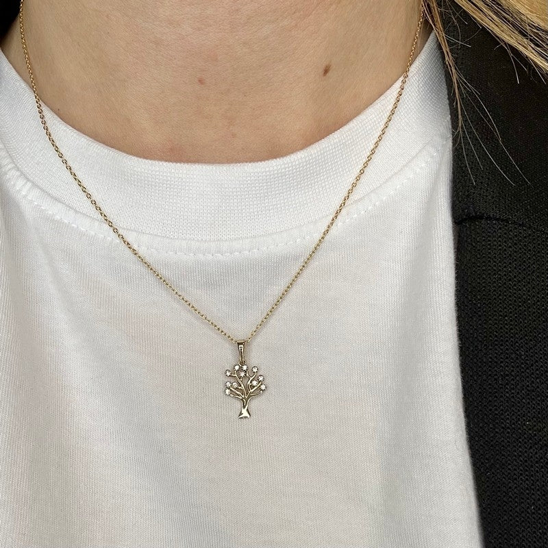 Siersbøl Livets træ vedhæng i 8 kt guld med zirkonia og forgyldt kæde 42+5 cm