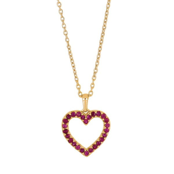 Siersbøl hjertevedhæng i 14 kt guld med rubiner og forgyldt sølvkæde 42+3 cm