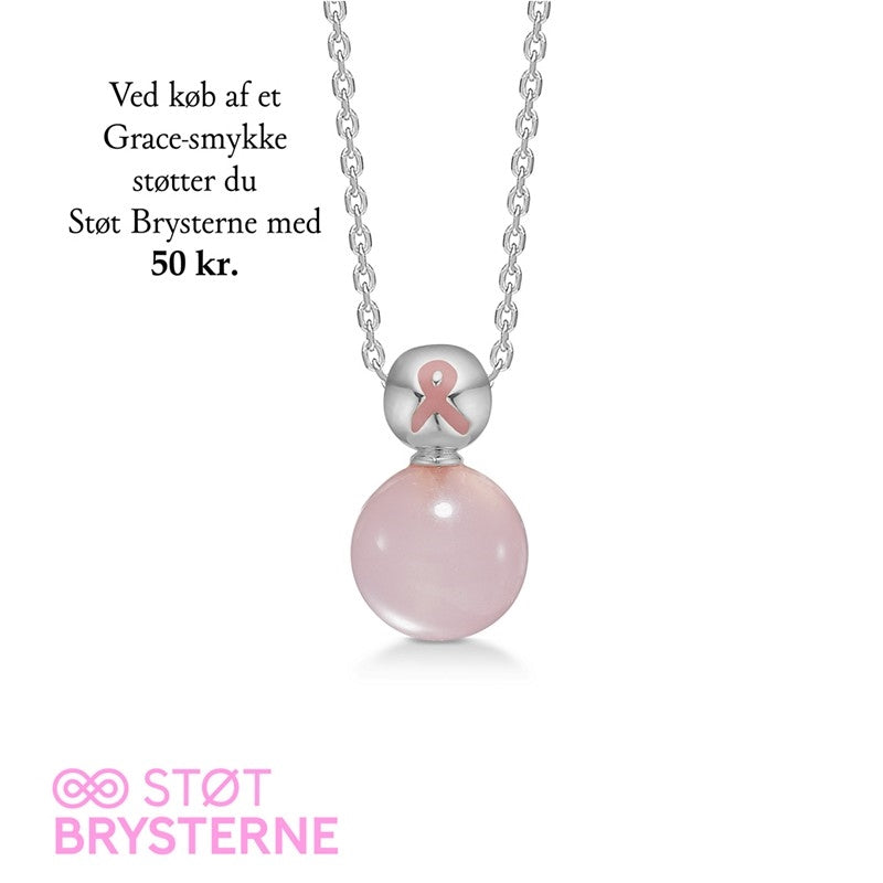 Grace halskæde fra Mads Z i forgyldt sølv med rund rosakvarts og pink sløjfe, 40-45 cm.