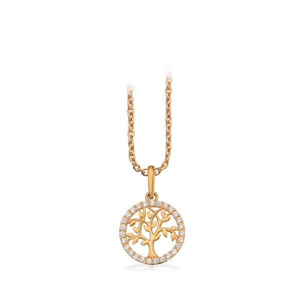 Livets træ vedhæng i 8 kt guld med zirkonia og forgyldt kæde 42+3 cm fra Scrouples