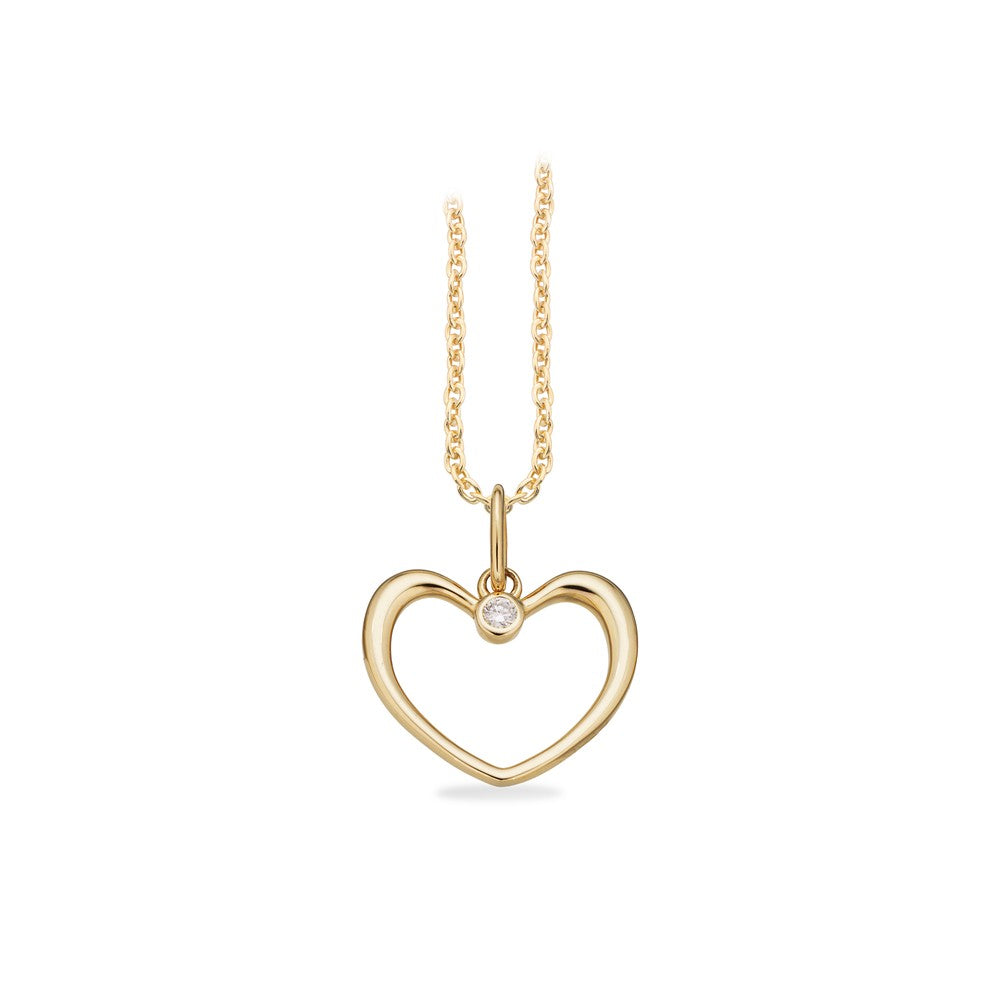 Scrouples hjertevedhæng i 8 kt guld med 0,02 ct diamant og forgyldt sølv ankerkæde 42–45 cm.