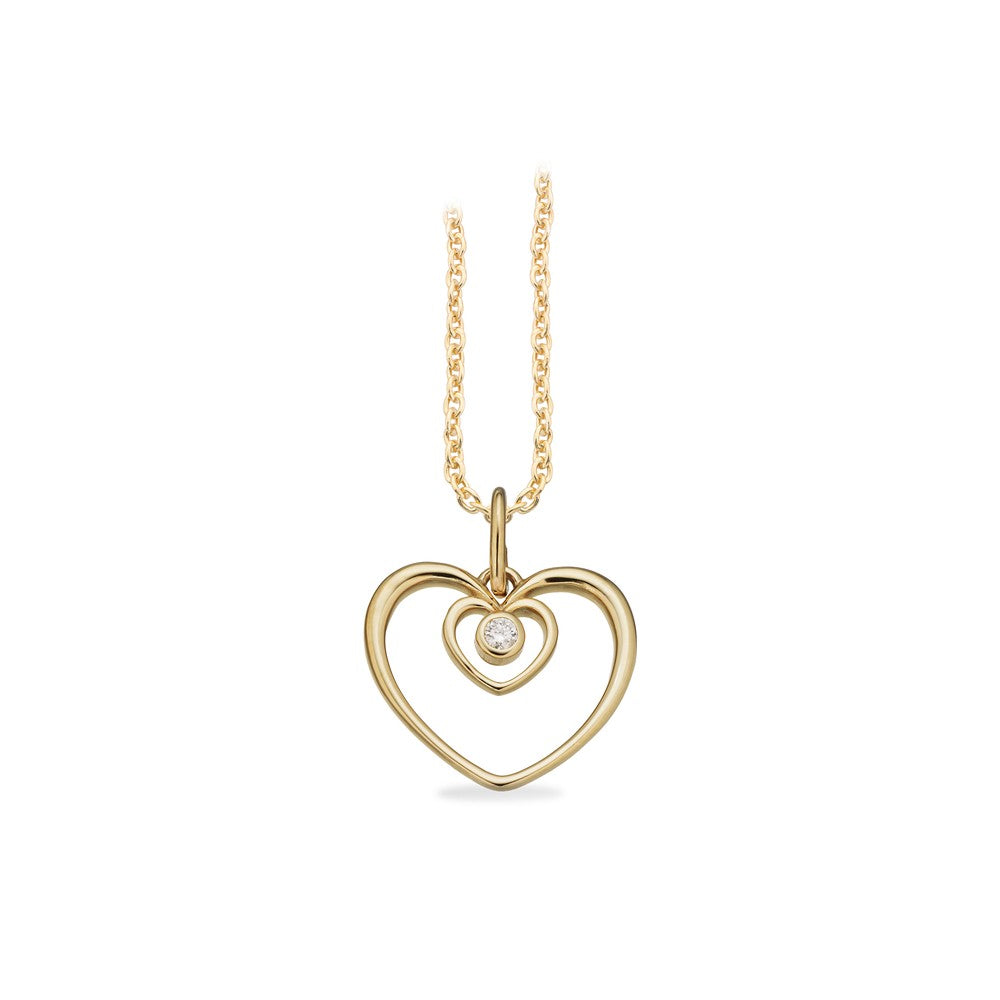 Scrouples hjerte i hjerte vedhæng i 8 kt guld med 0,02 ct diamant og forgyldt sølvkæde 42–45 cm.