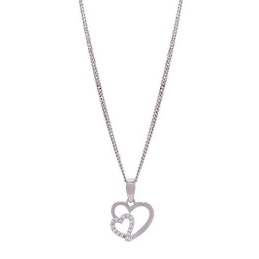 Siersbøl vedhæng i rhodineret sølv med dobbelt hjerte og zirkonia inkl. kæde 42+3 cm