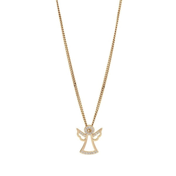 Siersbøl vedhæng med engel i forgyldt sølv og zirkonia inkl. kæde