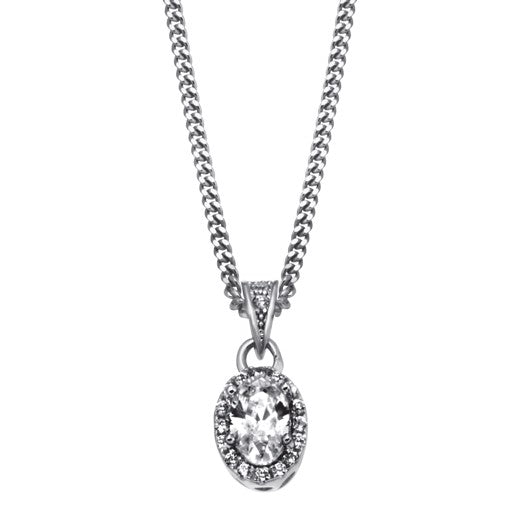 Siersbøl rundt vedhæng i rhodineret sølv med zirkonia i justerbar kæde 42–45 cm.